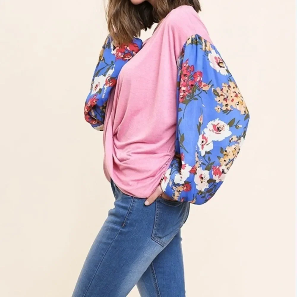 Floral Long Puff Sleeve Knit V-Neck Criss Cross Front Top-Pink - Picture 3 of 4